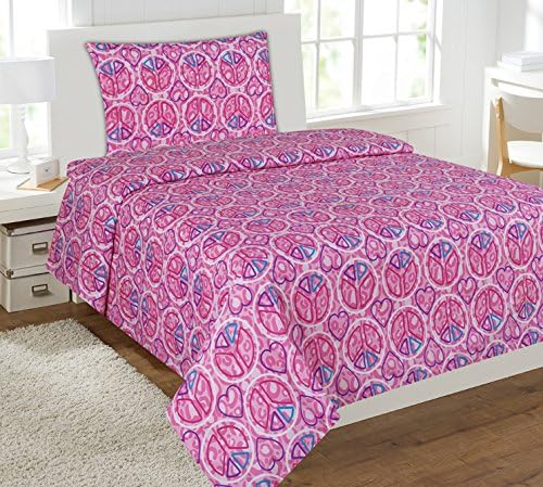Awad Home Fashion 3 Piece Kids Sheet Set Pink Peace Sign &amp; Hearts, Twin SS-06