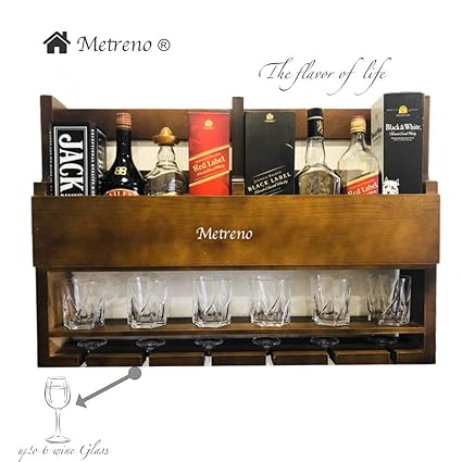 METRENO Wall Mounted Wine Rack - Bottle & Glass Holder - Antique Style Handcrafted Rustic Hanging Rack - Mini Bar Cabinets for Home - Kitchen Rack & Shel (Vintage Wood Golden Brown)