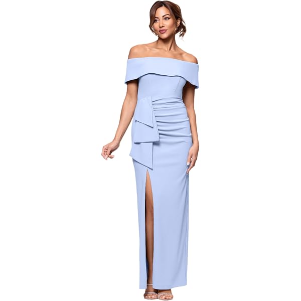 Amazon.com: Xscape Women's Long Off The Shoulder Scuba Crepe Slit Dress  (Reg and Petite), Periwinkle, 12 : Clothing, Shoes & Jewelry