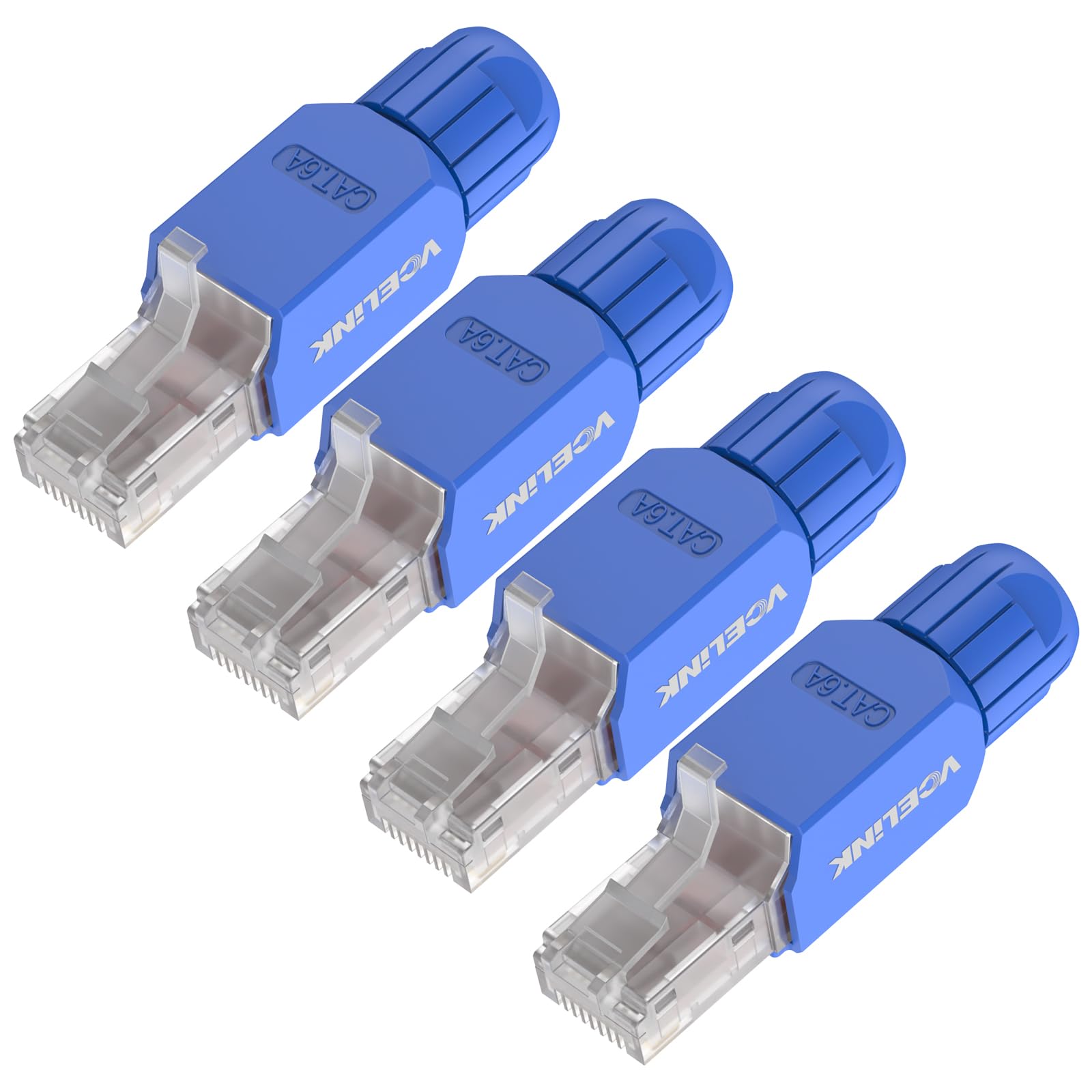 VCELINK Cat6A Tool-Free RJ45 Connector, 10 Gbps/500 MHz, Reusable UTP Gold-Plated Ethernet Plug for 23-26 AWG Network Cable, PoE Toolless Ethernet Modular Plug, Blue, 4 Pack