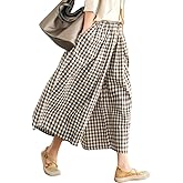 chouyatou Women's Cotton Linen Pants Elastic Waist Plaid Gingham Wide Leg Capri Palazzo Pants