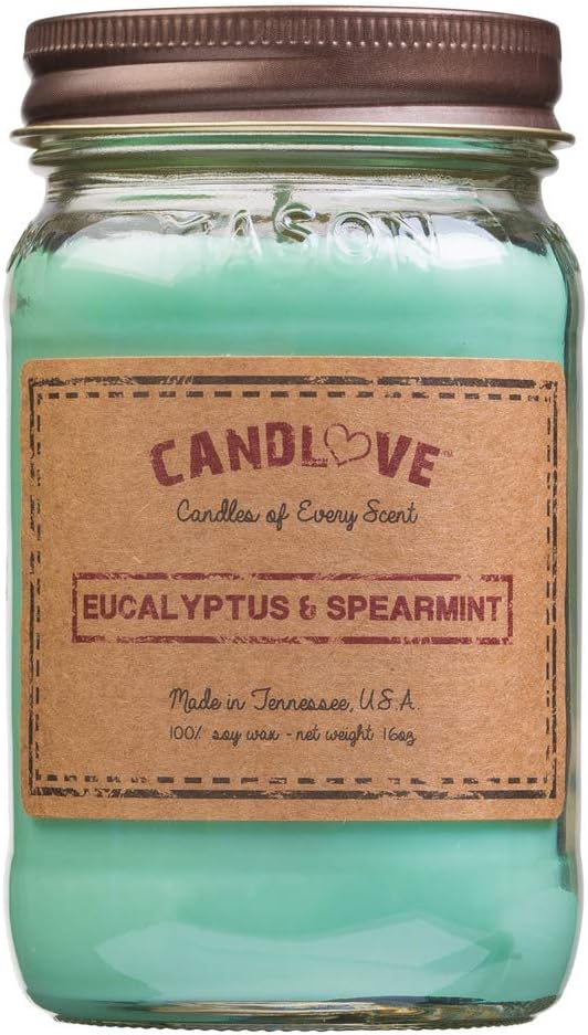 Candlove Euaclyptus & Spearmint Scented 16oz Mason Jar Candle 100% Soy Made in The USA