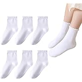 kolally Girls White Ruffle Crew Socks for Little Kids Seamless Cotton Cute Princess School Uniform Socks 6 Pack 1-12Y