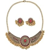 NewZenro Red CZ Beaded Tassel Stud Earrings Retro Choker Necklace Set for Women Gold Plated Bohemian Indian Traditional Hypoallergenic Fashion Antique Trendy Bollywood Jewelry for Wedding Party