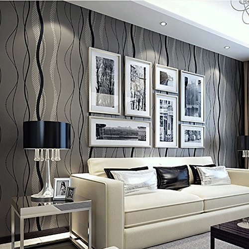 QIHANG High-Grade Non-Woven Flocking Simple Curve Style Wallpaper Roll Black&Gray Color