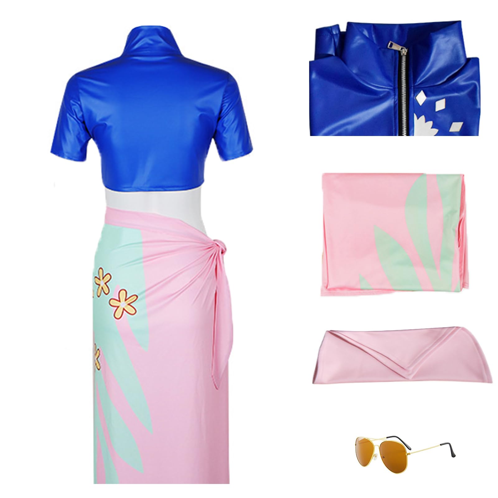 Photo 1 of Roncome Women Anime Blue Cop Tops Costume Pink Fringe Dress Cosplay Uniform High Slit Tassel Skirt Halloween Outfits with Glasses (Blue, M)
