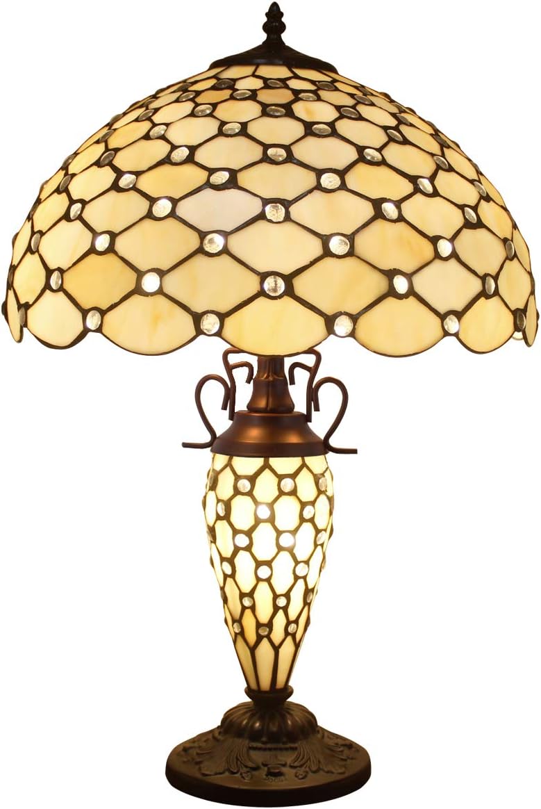 Tiffany Table Lamp with Crystal Pear Bead Stained Glass Colorful Lampshade 3 Light Antique Night Light Base 24 Inch Tall for Living Room Bedroom Coffee Table Set S005 WERFACTORY