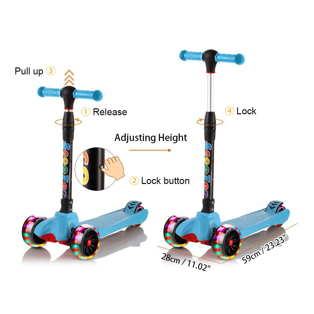 67i Kids Scooter Foldable Scooter for Kids 3 Wheel Toddler Scooter 4 Adjustable Height with PU Flashing Wheel Lean to Steer Kids Boys Girls Birthday Gift for Children from 2 to 12 Years Old