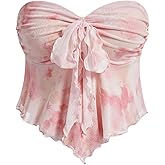 GORGLITTER Women's Floral Flowy Babydoll Tube Top Bow Tie Front Strapless Cute Mesh Ruffle Going Out Bandeau Tops