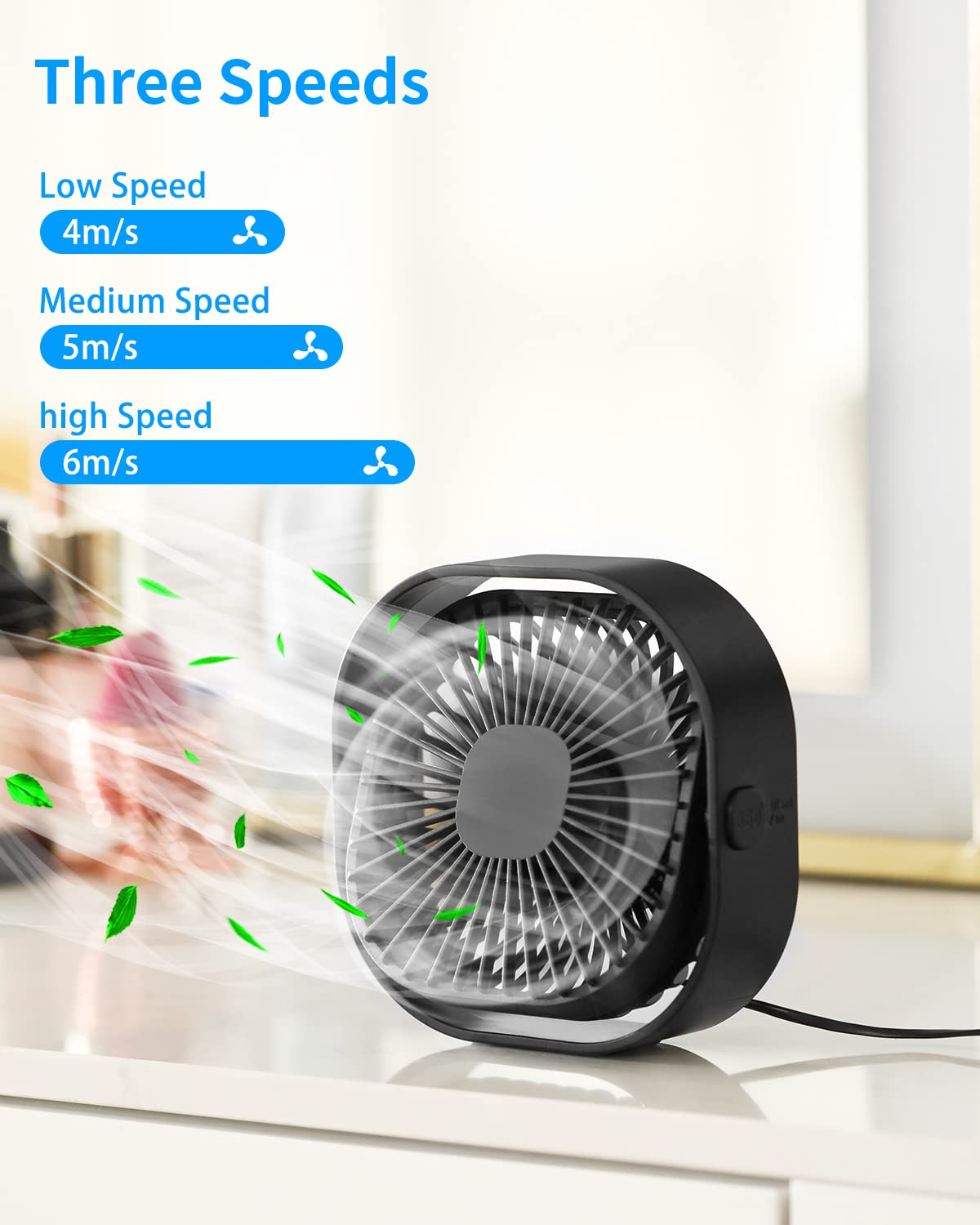 RJVW 4 Inch Small USB Desk Fan, 3-Speed Portable & 360°Rotatable Mini Cooling Fan, USB-Powered Desktop Fan for Home Office Bedroom Dorm Indoor Outdoor Summer Gift