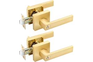 EHOMEWARE 2 Pack Exterior Door Lever with Lock Door Handle Gold, Heavy Duty Satin Brass Entry Door Handle Set with Keys, Bedroom Bathroom Interior Door Handles Keyed Alike