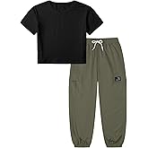 Betusline Girls 2 Piece Outfit Set, Short Sleeve Crop Top & Cargo Jogger Pants Trendy Casual Clothes, Girl Clothes Set,4T-14Y