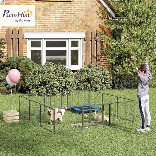 PawHut Dog Playpen, 31.5" W Heavy-Duty Metal Puppy Play Pen, Pet Exercise Fences for Outside and Indoor, DIY Design with Door for Small Dogs, 12 Panels, 23.5" H