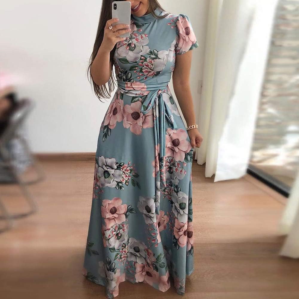 COPPEN Women Fashion Dress Women O-Neck Floral Printed Short Sleeve Bandage Long Dress: Clothing