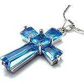 RIZILIA Statement Cross Necklace for Women - Trapezoid Square Cut Multi Birthstone Color Options - 18K White Gold Plated Jewel-Encrusted Pendant, 18"+2" Chain - Gift Boxed for Her, Mother Birthday