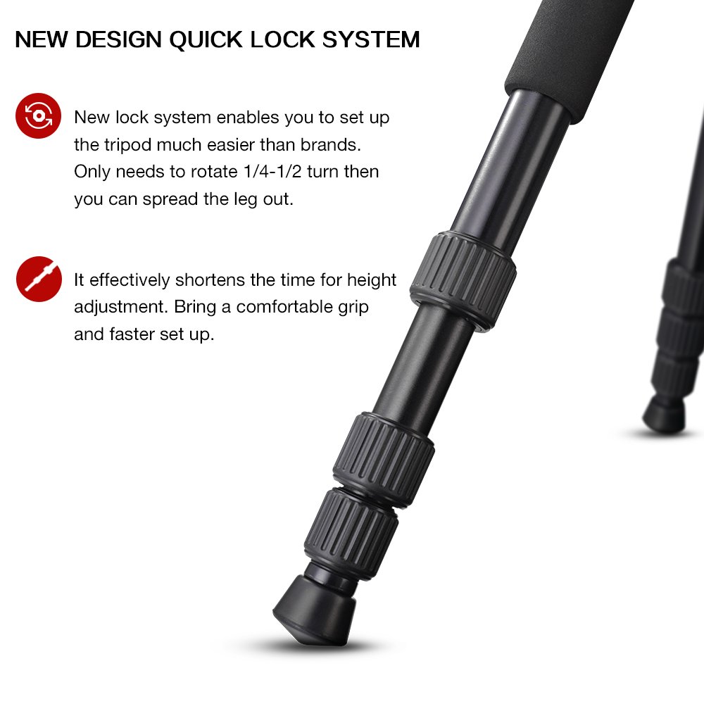 Tycka Trépied Caméra Appareil Photo,Trépied Ultraléger Aluminium 164cm , ,Supporte jusqu\'à 10kg les Caméscopes et Appareils Photo,tête panoramique pivotante (diamètre de 36mm),pour Canon Sony Nikon,avec Sac de Transport, Noir