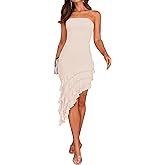 ZESICA Women's 2026 Summer Strapless Bodycon Tube Dress Sexy Off Shoulder Mesh Irregular Ruffle Backless Party Midi Dresses