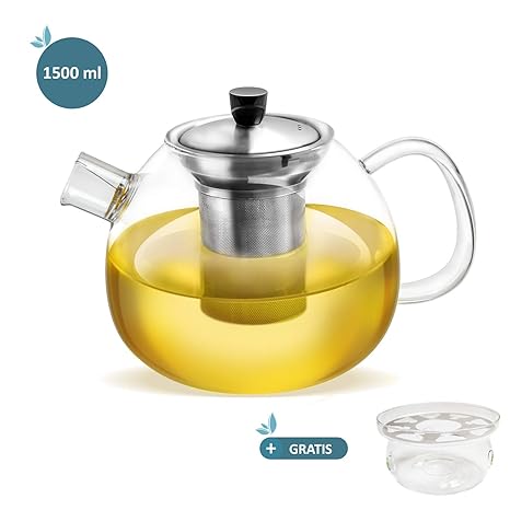 smartpeas Teekanne aus Glas – 1500 ml Fassungsvolumen – herausnehmbarer Edelstahlfilter & Ausguss-Filter – hitzebeständiges B