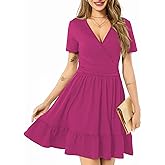 Women's Fashion Summer Causal Short Sleeve Dress V Neck Beach Party Dresses with Pockets