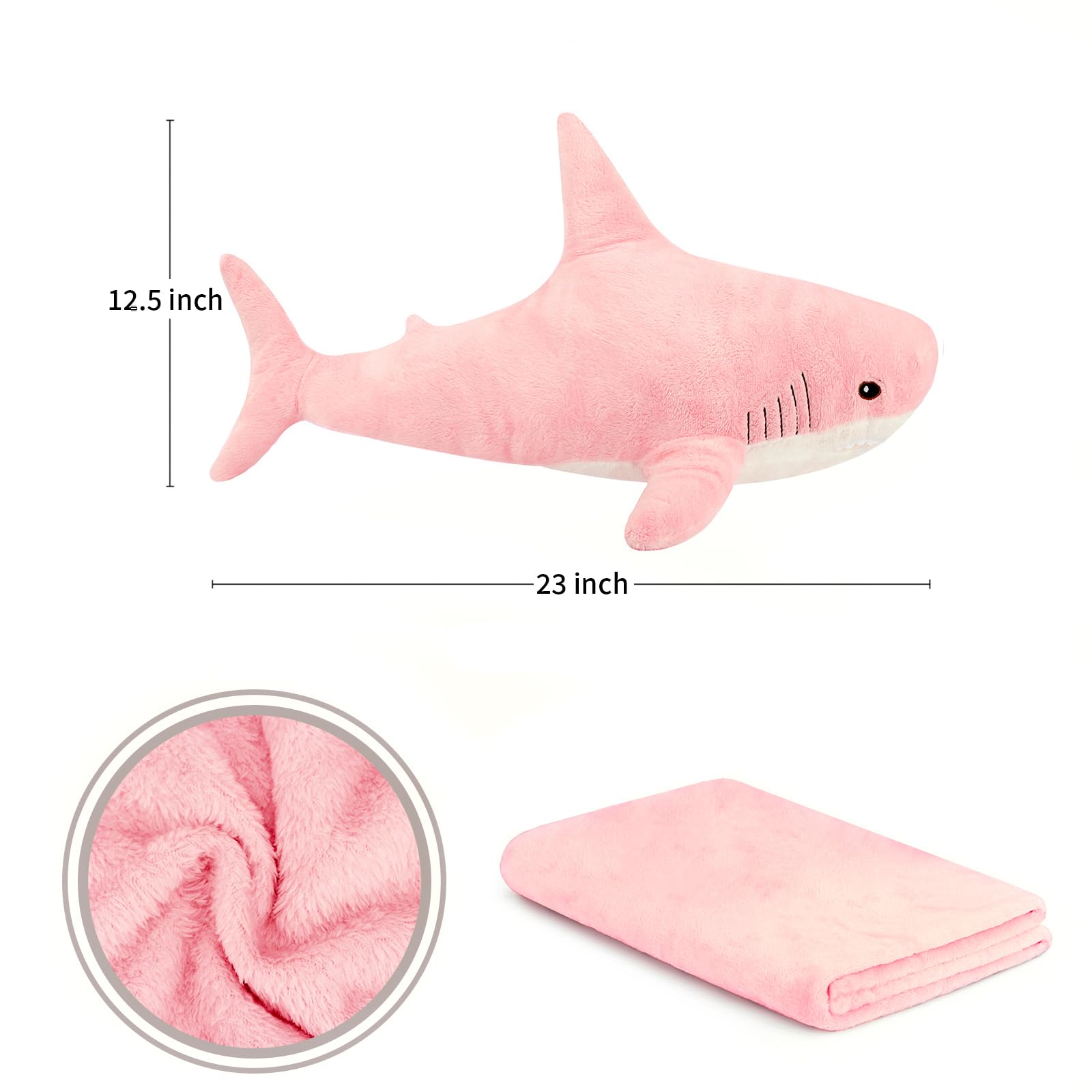 MUPI Shark Plush 23“ Shark Stuffed Animals Pillow-Blanket 2 in1, Cute Sharks Toy Plush Stuffed Ocean Sea Animal Plushies Gifts for Boys Girls Kids Adults, Pink