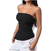 SHENHE Women's Strapless Ruched Tube Top Asymmetrical Side Slit Hem Fitted Bandeau Tank Top