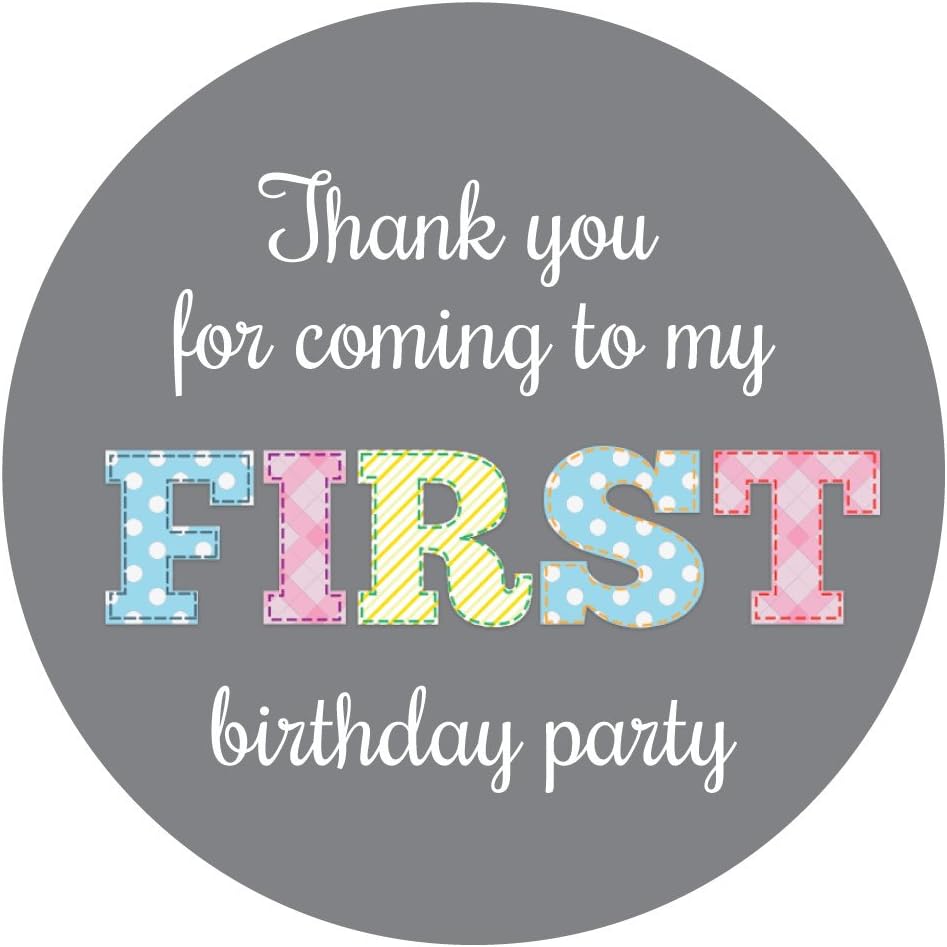'Thank You For Coming To My First Birthday Party' - 60mm diameter stickers - grey (36)