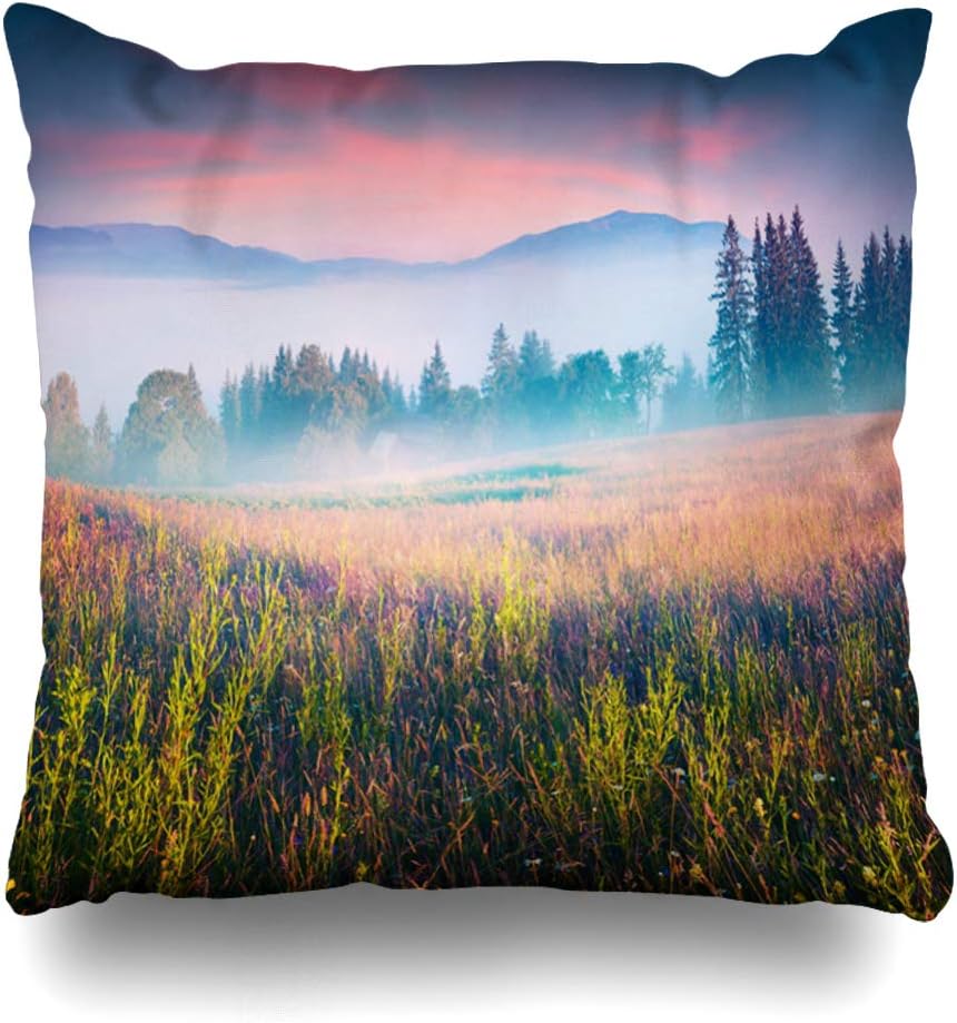 Ahawoso Throw Pillow Cover Pillowcase Square 16x16 Colorful Summer Scene Mist Dew First Europe Foggy Mountain Village Nature Lawn Parks View Outdoor Decorative Cushion Case Home Decor Pillowslip