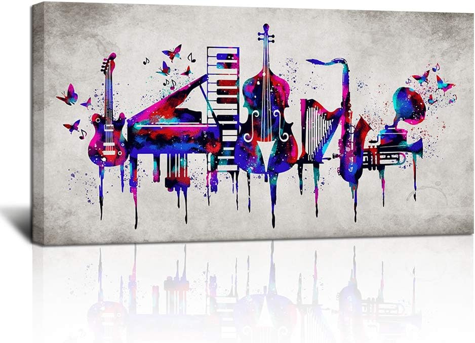 KLVOS Large Music Wall Art Piano Guitar Violin Saxophone Abstract Music Canvas Picture Prints Vintage Artwork Gift for Music Lover Fashion Music Room Home Wall Decor Ready to Hang 24x48inch