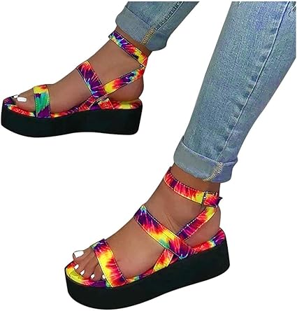 Amazon.com: Women's Tie-Dye Platform Sandals, Summer Open-Toe Ankle Belt Tie-Dye Printed Flat 