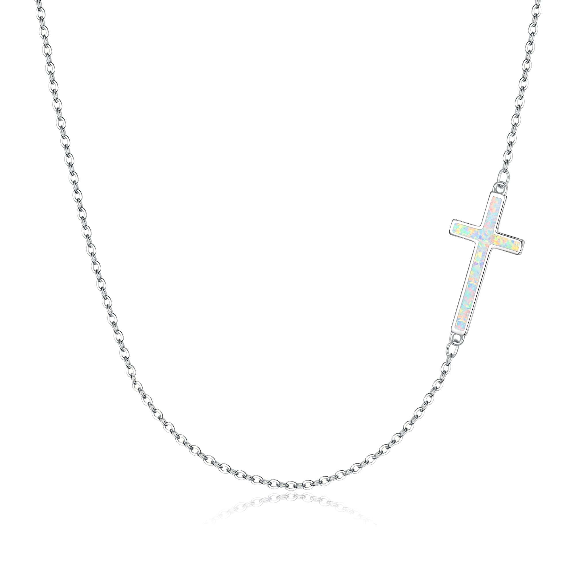 Ever Faith 925 Sterling Silver Sideways Cross Necklace, White Opal Cross Choker Necklace Simple Everyday Jewelry Birthday Gifts for Women Girls Rose Gold-Tone