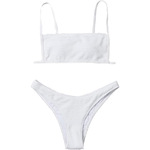 Verdusa Women's 2 Peices Bathing Suit Smocked Wireless Bikini Bandeau Top Thong Swimsuit