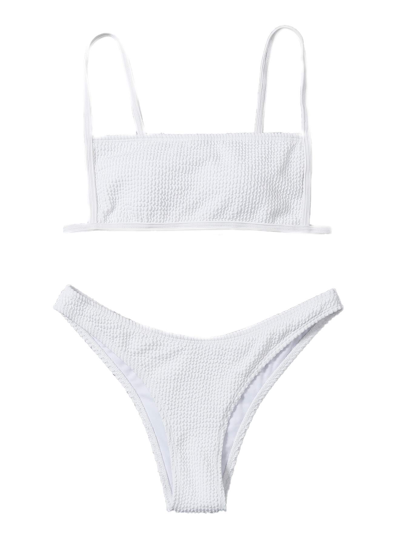 Verdusa Women's 2 Peices Bathing Suit Smocked Wireless Bikini Bandeau Top Thong Swimsuit