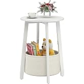 sthmec Small Round Side End Table with Cloth Storage Basket, Round Bedside Sofa Couch Coffee Tables for Small Places with Metal Frame, Modern Nighstands for Living Room Bedroom,White