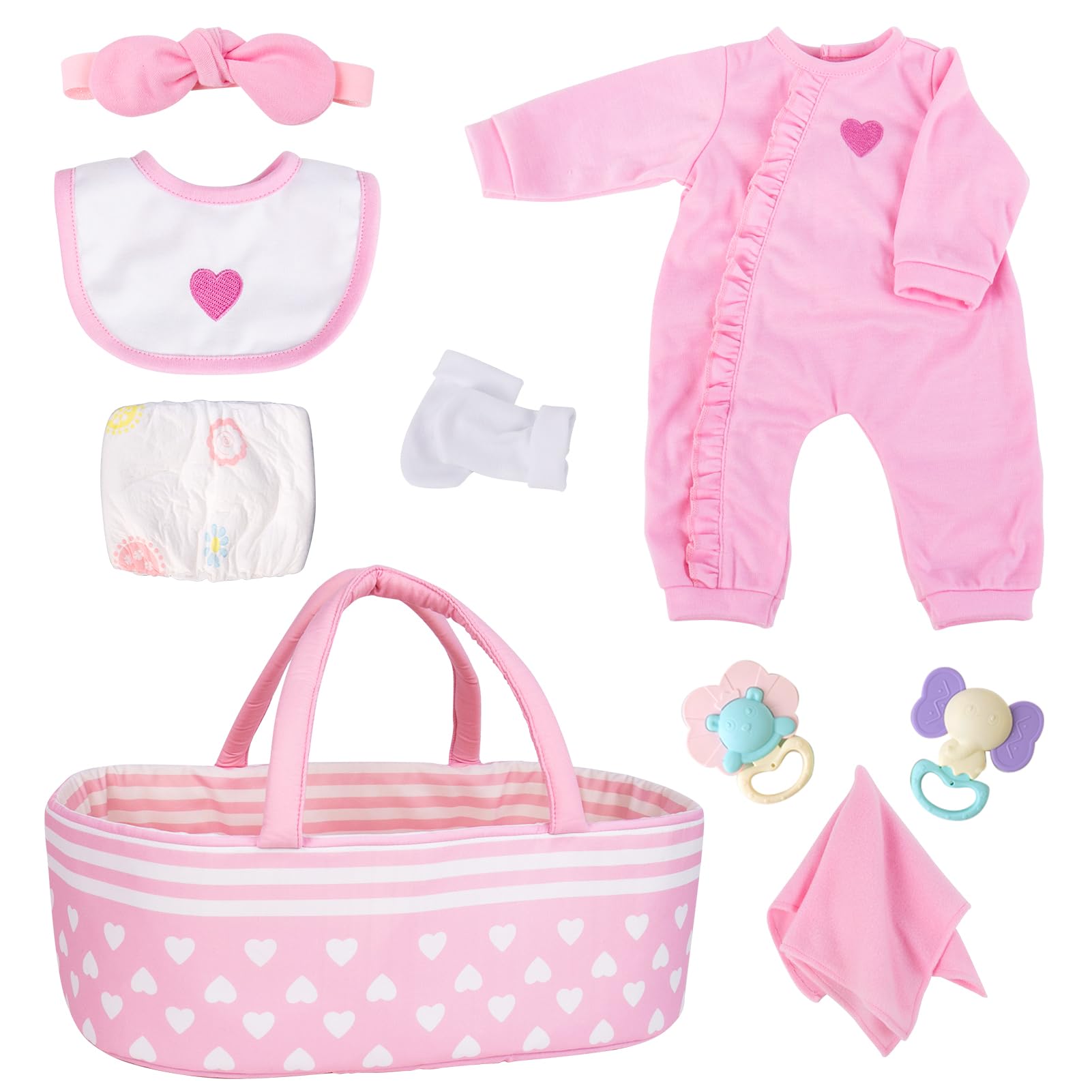 Photo 1 of Aori 9 Pcs Reborn Baby Dolls Clothes Set with Pink Bassinet for 17-22 Inch Baby Doll, Carrier Bed and Baby Doll Clothes Outfit Accessories fit Newborn Baby Girl