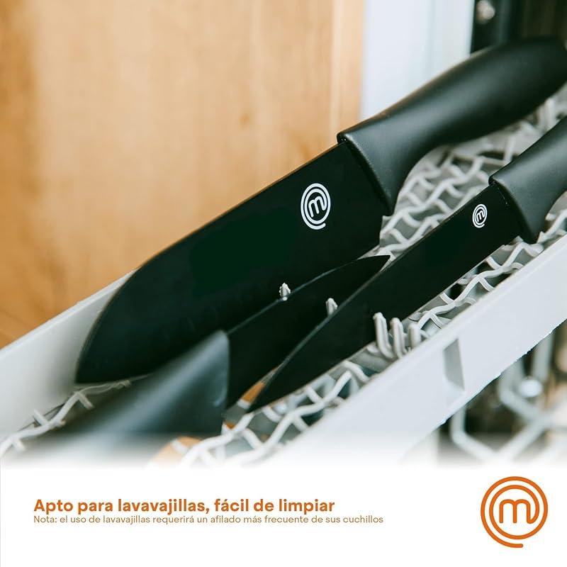 Facas de cozinha masterchef, conjunto de facas de cozinha, conjunto de facas de chef (carne, serra para pão, legumes e peixe), aço inoxidável, cabos de toque suave, multifuncional, 5 peças, preto