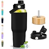 PROBTTL 40 oz Glass Tumbler with Handle - Sports Clear Borosilicate Glass Water Bottle with Straw, Silicone Sleeve, 2 Lids - Handle Spout & Bamboo Straw Lid, Fits Car Cup Holder, Leakproof (Black)