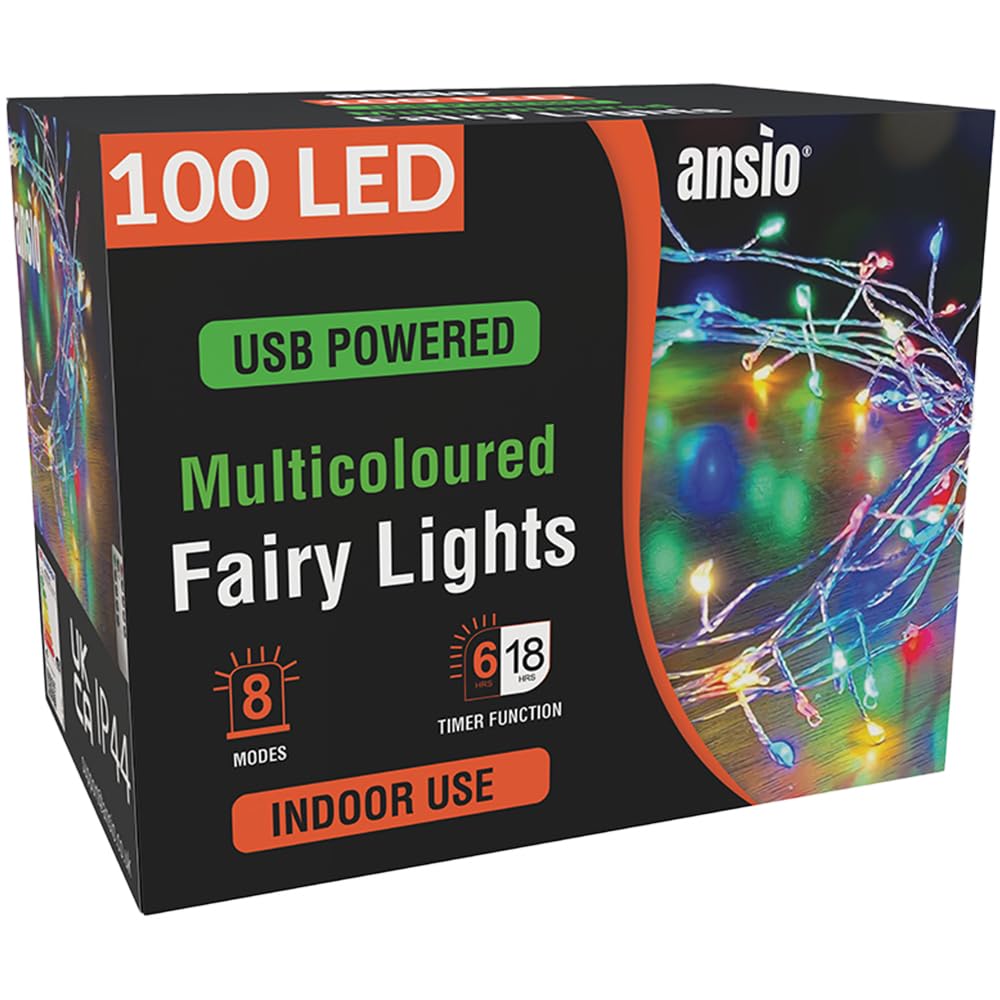ANSIO® Christmas Lights 100 LED 4.5m Multicoloured Silver Wire Cluster Fairy Lights, Indoor Use Christmas Tree Lights for Christmas Decorations Garden & Party with Remote – USB Powered