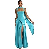 WENKAFO Spaghetti Straps Bridesmaid Dress for Women with Scarf Chiffon Halter Pleated A-Line Long Prom Dress 2026 with Slit