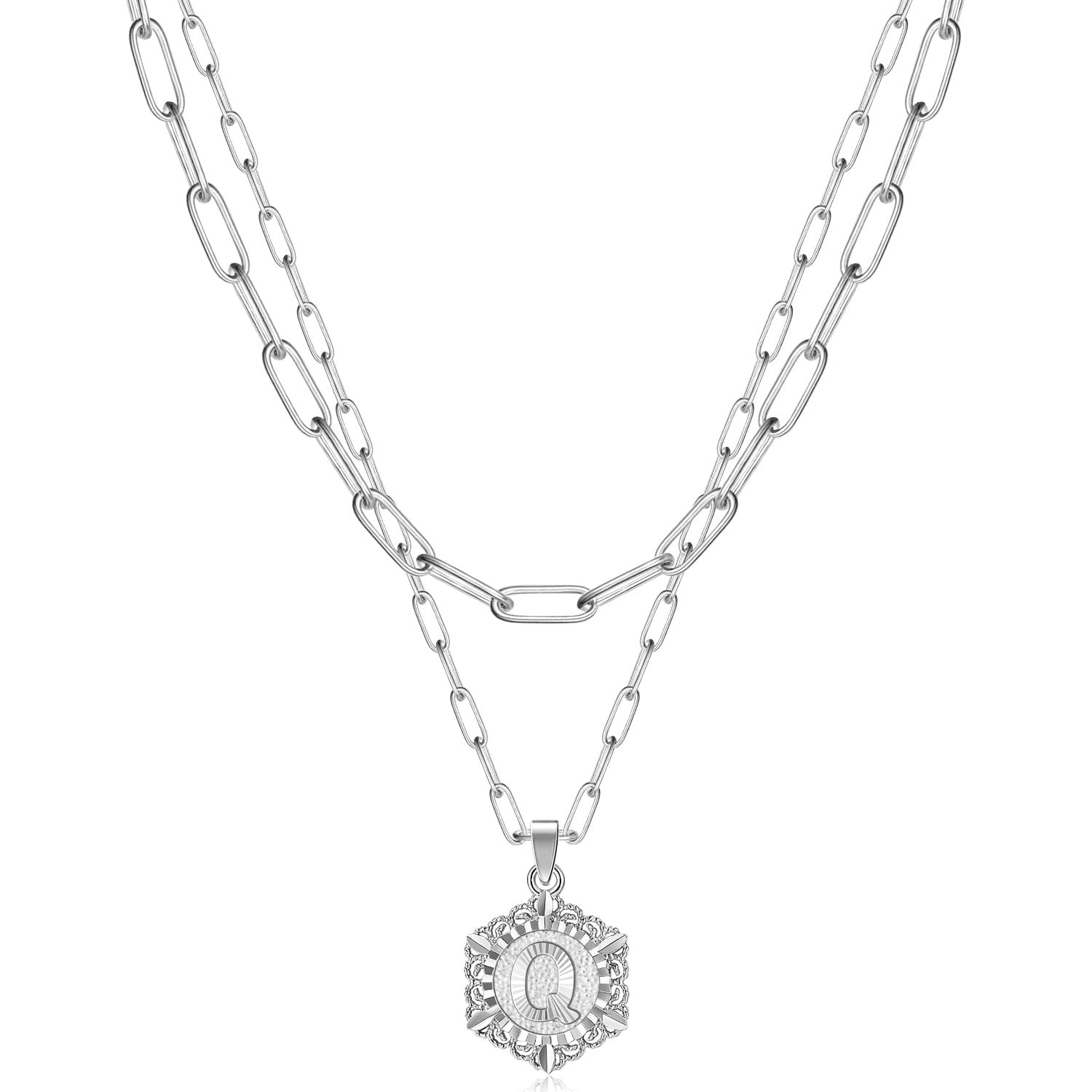 KissYan Initial Necklaces for Women, 14K Gold Plated Hexagon Letter Pendant Silver Chain Dainty Layered White Gold Paperclip Link Adjustable Capital A-Z Choker Necklace Trendy Jewelry Gifts