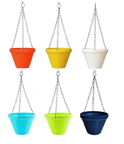 XODI Plastic Hanging Pot and Flower Pot with Chain Plant Container Set 6 Inches (Pack of 6) (Colour-May Very)