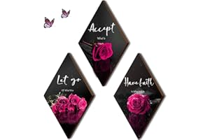 ZINYAZHE 3 Pcs Pink Wall Decor Pink Rose Bathroom Decor Farmhouse Pink Bedroom decor Inspirational Wood Office Wall Art with Accept Let Go Have Faith Sign for Girl Women Living Room Bedroom(Pink Rose12x7 Inch)