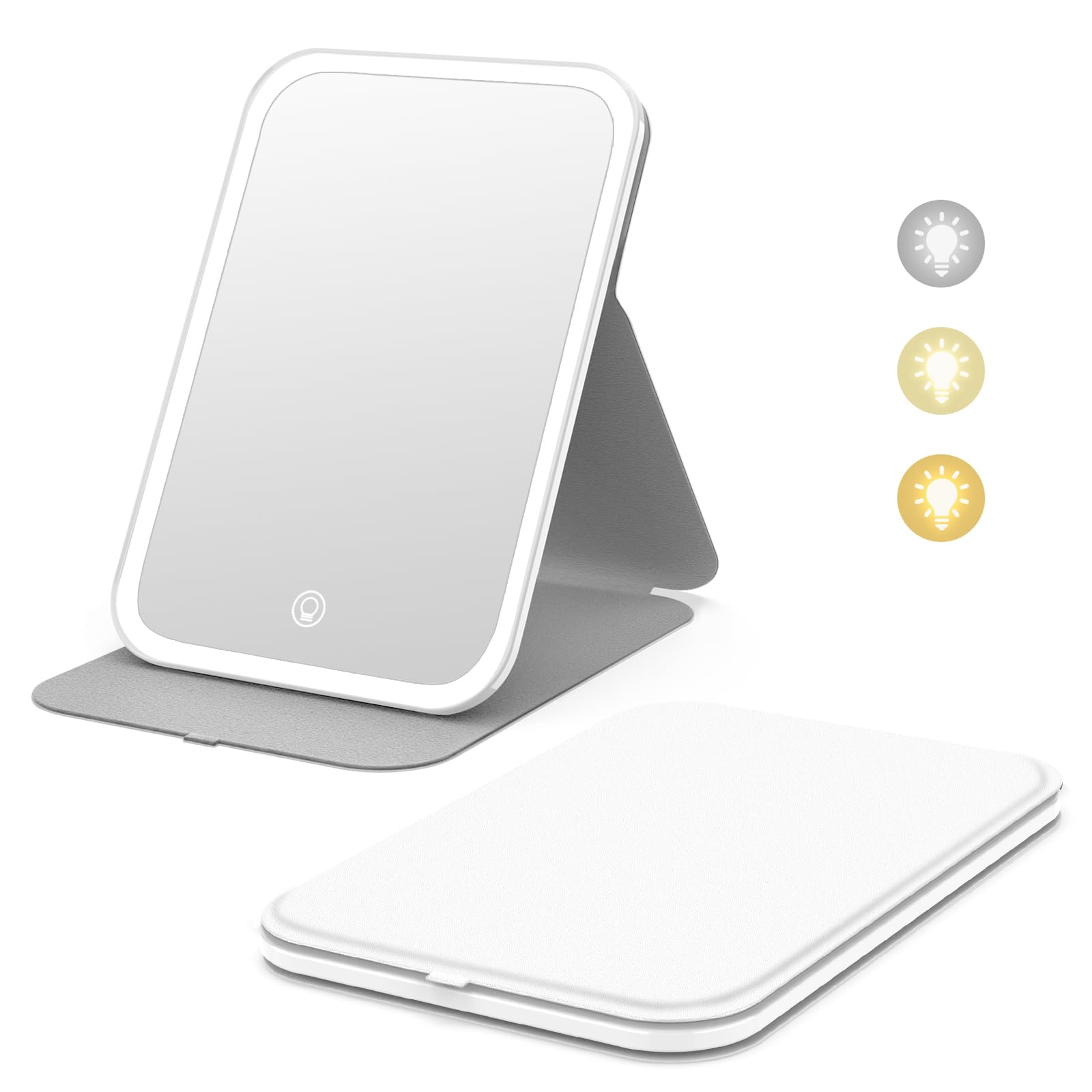 Kintion Travel Makeup Mirror, Portable LED Lighted Makeup Mirror, 360° Rotation Touch Screen, 3-Color Dimmable Lighting, Rechargeable Tabletop Folding Vanity Mirror, White — image 1