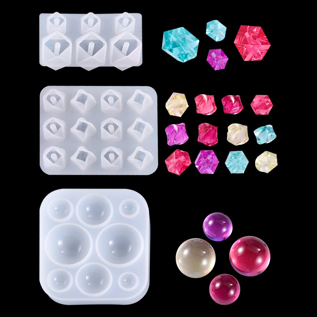 FineInno 3Pcs Beads Resin Moulds Gemstone Silicone Mould with Hole Diamond Gem Epoxy Casting Mould for Jewelry Making DIY Pendent Necklace Bracelet