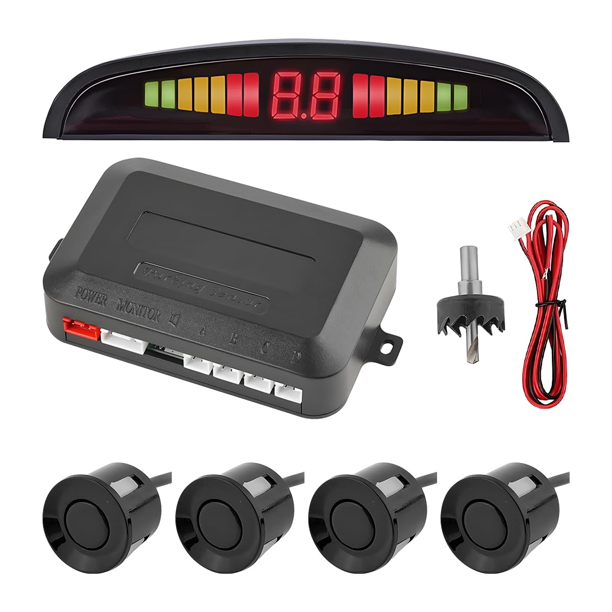 CGEAMDY Parking Sensor Radar, Electromagnetic Induction Universal Car Wireless Parking Aid, Auto LED Display Reversing Parking Sensor System 4 Front Rear Sensors Radar Distance Detection Kit