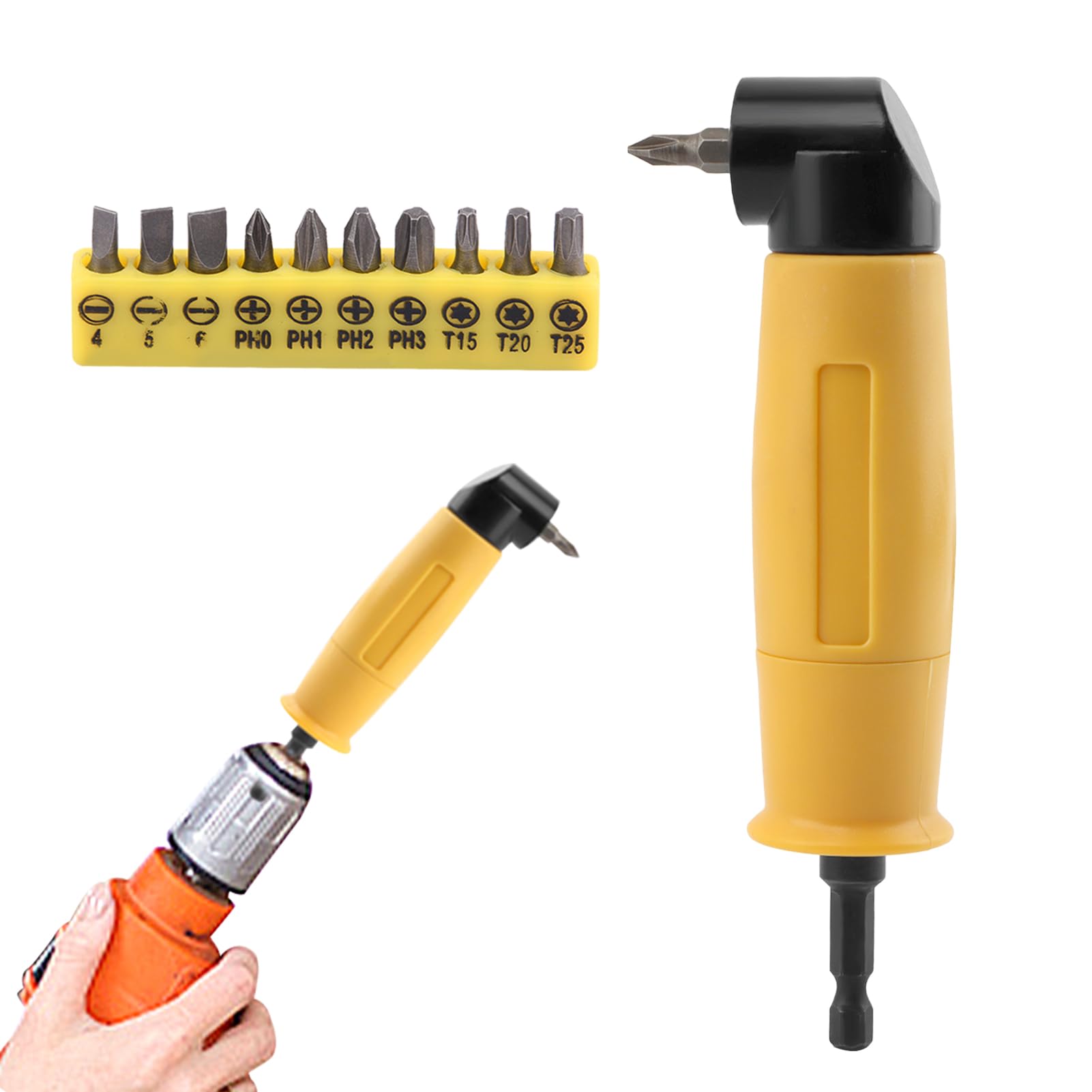 Right Angle Drive Attachment with 10PCS Drill Bits, 1/4 Inch 90° Degree Right Angle Drill Adapter, Right Angle Attachment Extension Drill Attachment for Impact Driver(Yellow)
