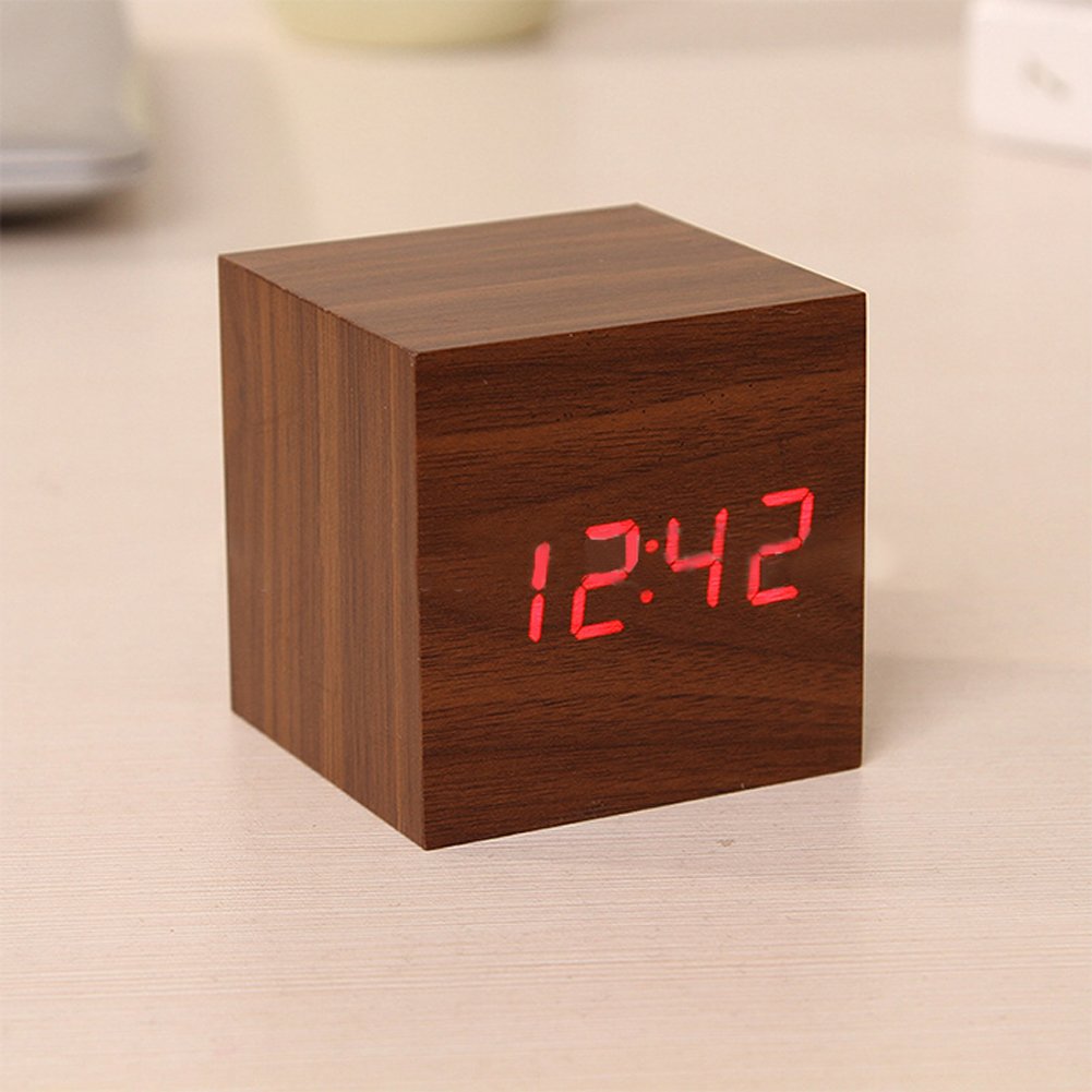 LED Digital Alarm Clock ixaer Wood Digital LED Brown Alarm Clock with Time Date Hygrometer And Temperature Clock - Multi-functional Small Silent Modern Style Electronic Alarm Clock