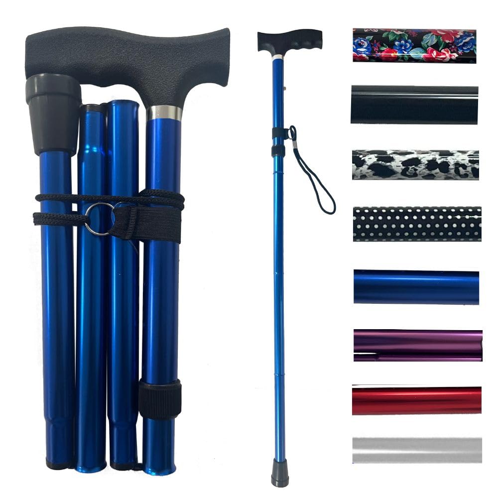 Life Healthcare Folding Walking Stick–Adjustable Height Lightweight Aluminium Cane for Elderly Disabled Men & Women–Non-Slip Rubber Tip Ergonomic Handle & Travel-Friendly Design (Blue)