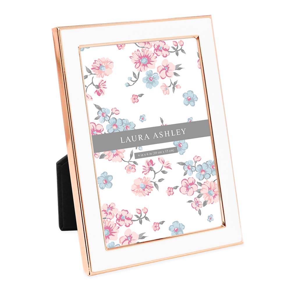 Laura Ashley 4x6 White Enamel Picture Frame, Rose Gold Metal Edge with Easel, for Countertop, Counterspace, Tabletop Display, Bookshelf, Desk, Wall Décor, Photo Gallery