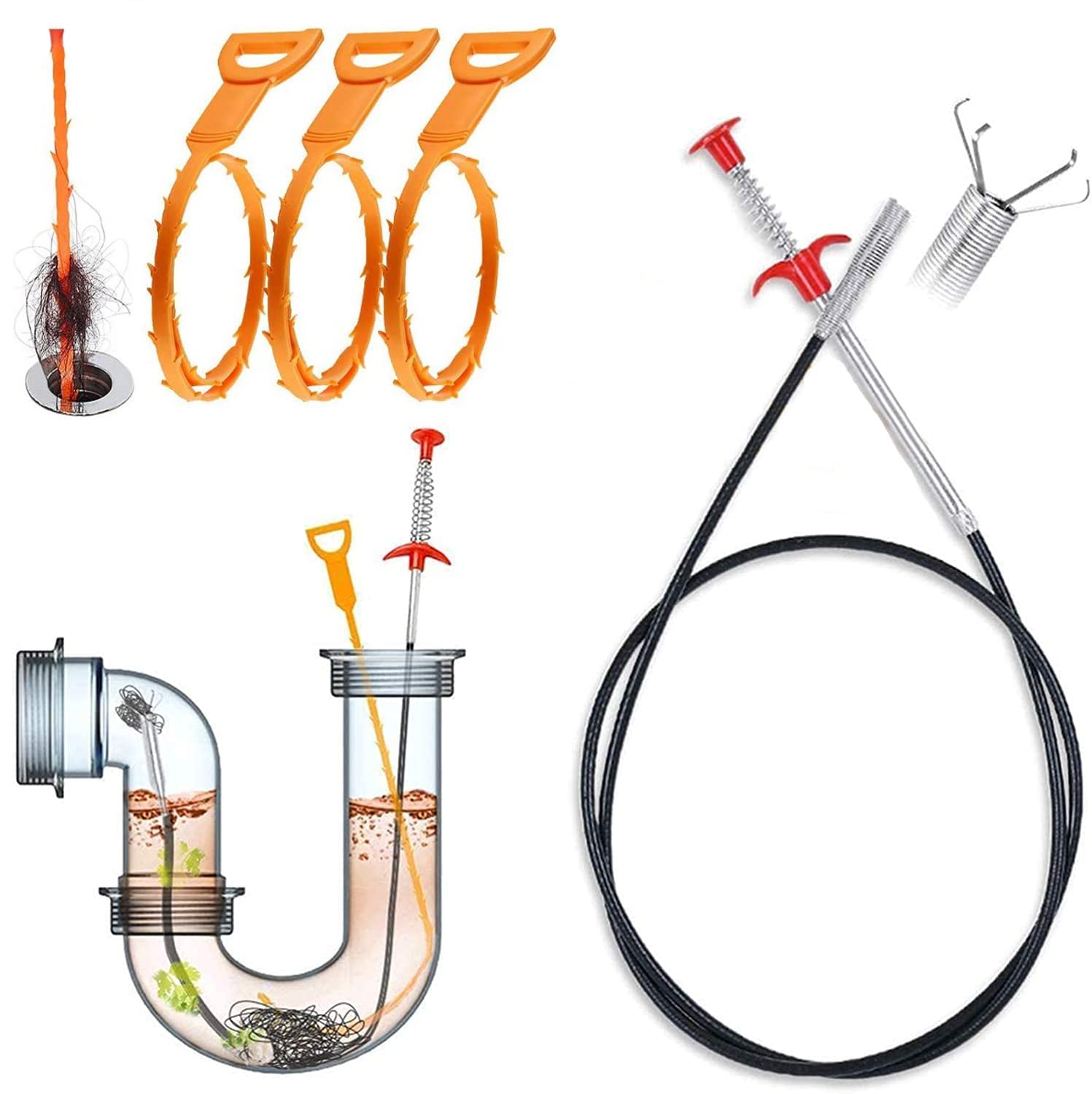 Drain Unblocker,4 Pack Sink Unblocker Tool,Plug Unblocker Tool with Easy Operation,Drain Hair Remover with a Multifunctional Combination,Reusable Drain Cleaner (Zinc Plated, 90cm)