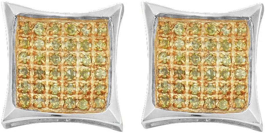 10kt White Gold Mens Round Yellow Color Enhanced Diamond Square Kite Cluster Earrings 1/10 Cttw